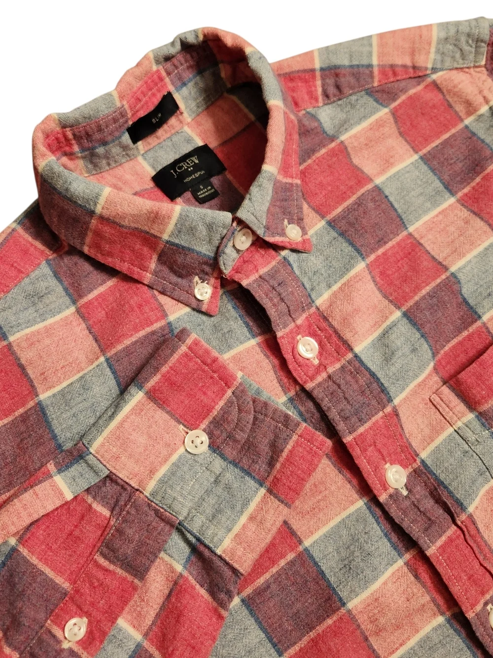J. Crew Homespun Slim Fit Men's Size S Pink Blue Plaid Cotton Button-Down Shirt